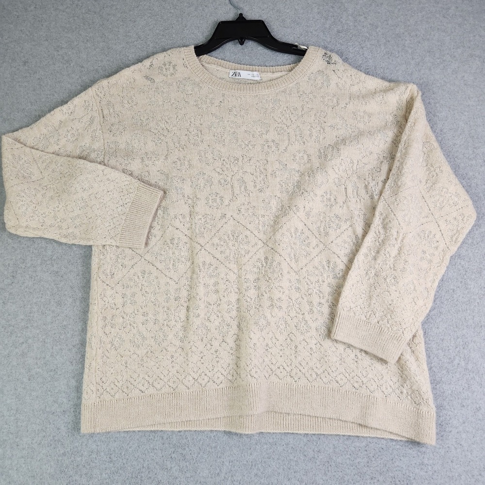 Zara Sweater‎ Women Large Beige Pointelle Floral Knit Pullover Crew Neck Boho